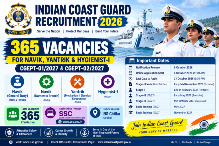 Indian Coast Guard Recruitment 2026 with 365 vacancies for Navik, Yantrik and Hygienist-I posts